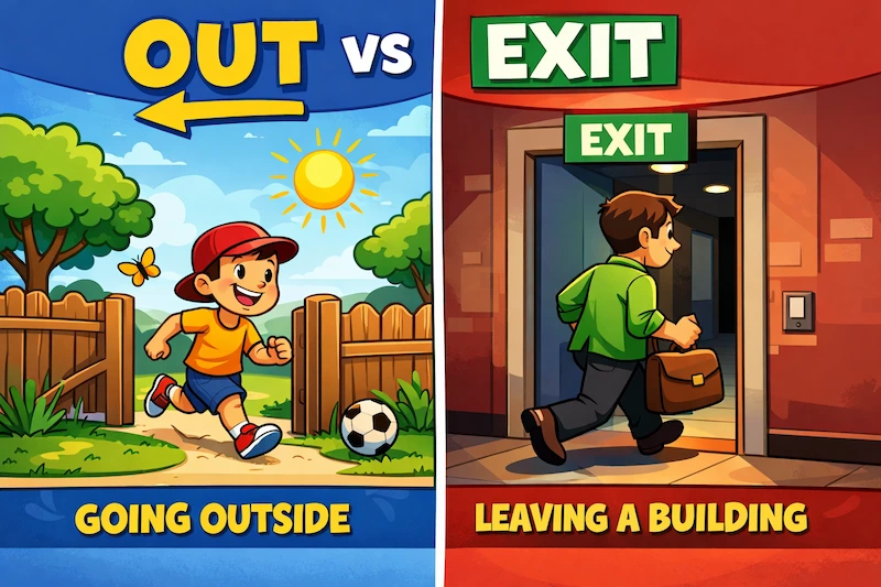 Cartoon image comparing the words out and exit, showing a child running outside for out and a man leaving a building through an exit door.